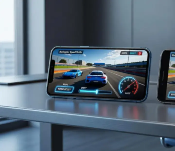 Különböző teljesítményű mobilkészülékek egymás mellett, Racing Go játék közbeni jelenettel