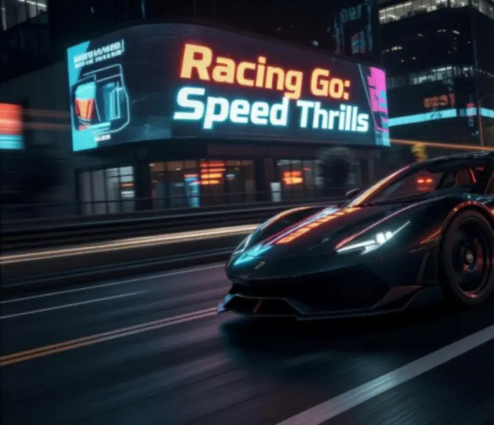 Nagy sebességű autópálya a Racing Go: Speed Thrills játékban, esti városi fénnyel